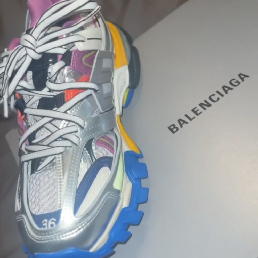 Balenciaga Silver and Blue Track Sneakers